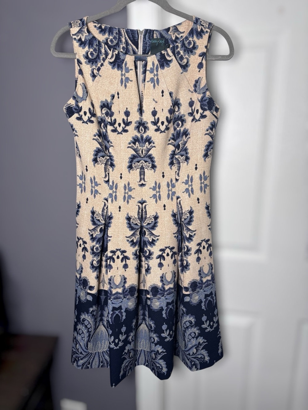 Gabby Skye Tan & Blue Print Sleeveless A Line Dress Sz 4